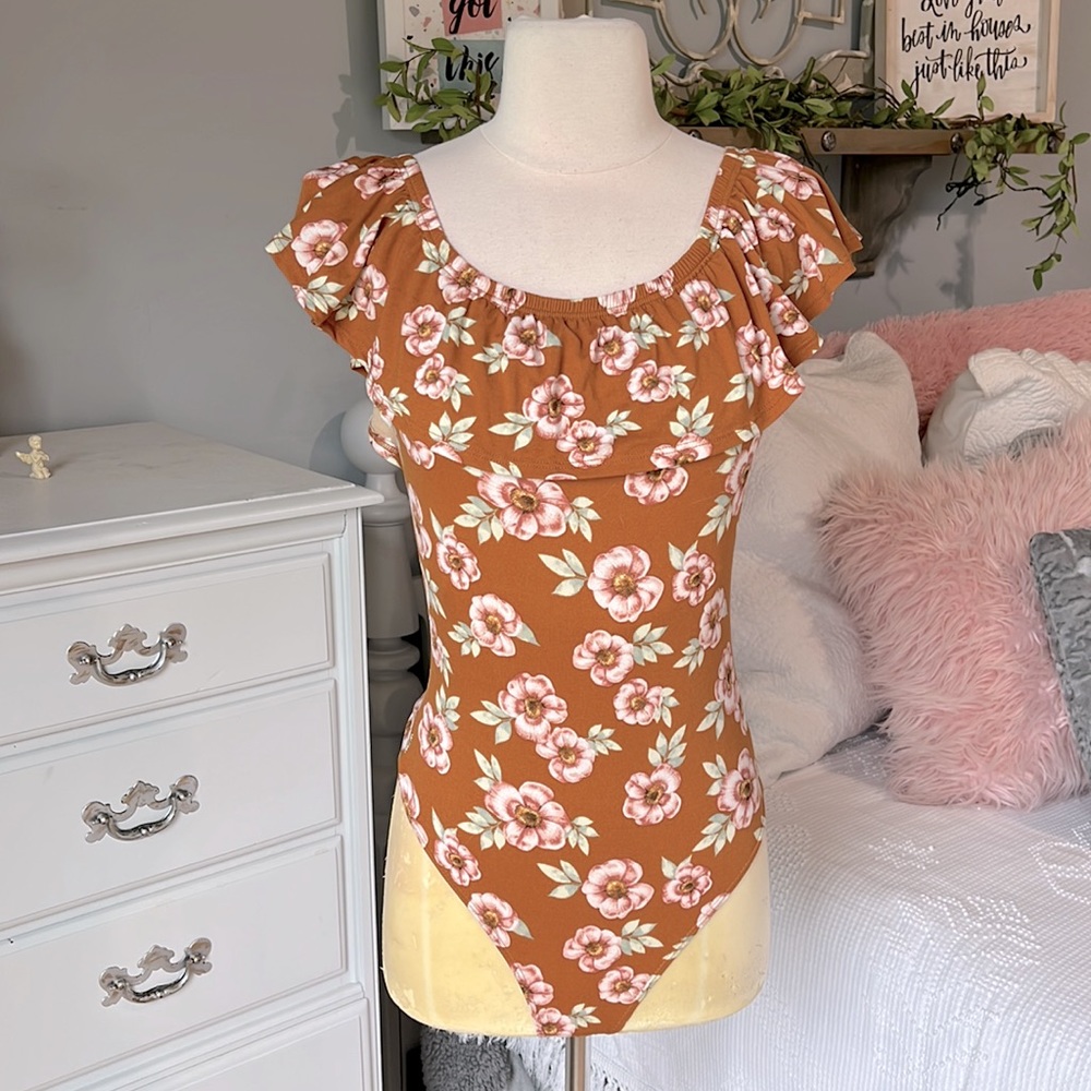 Trendyland Bodysuit Top Women S Knit Burnt Orange Shirt Onesie Ruffle Collar